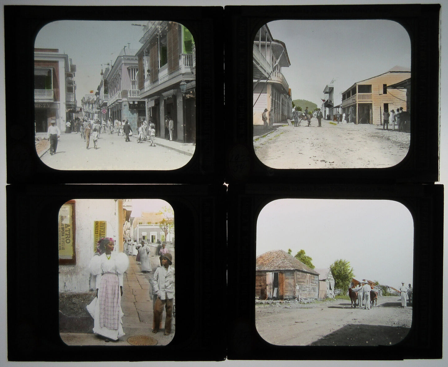 STREET SCENES BELOW THE EQUATOR. 4 SET, TINTED PHOTO ON GLASS.