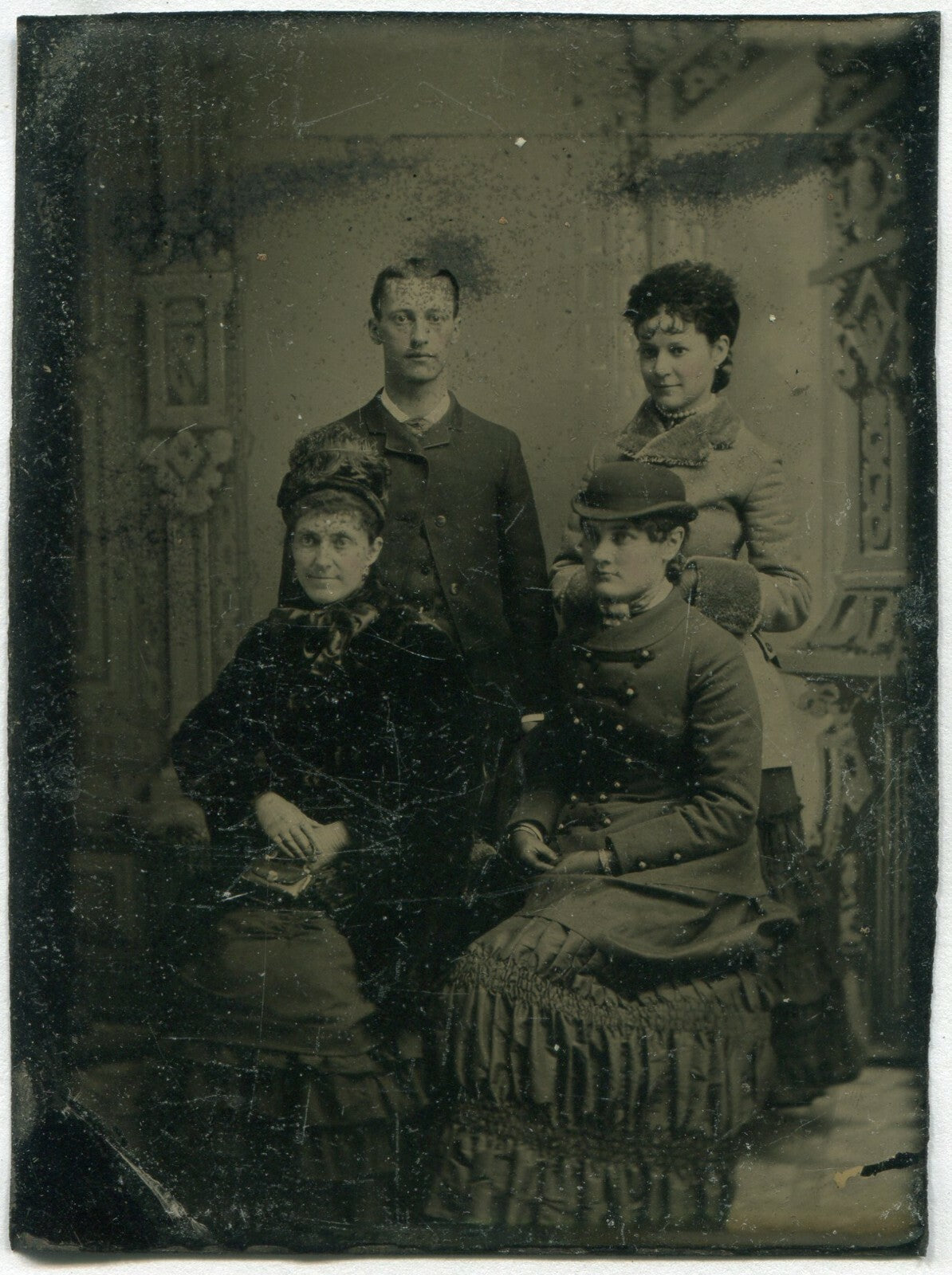 Vintage Tintype Photo - Adult Children with Mother, Painted Background, 3.75x2.5