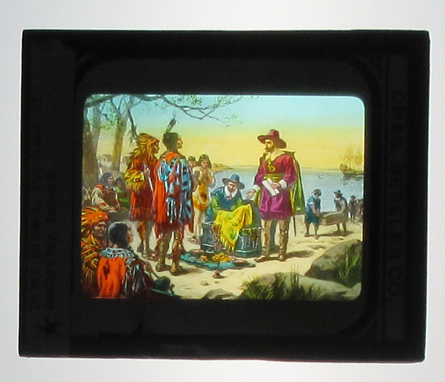 PETER MINUET, PURCHASE OF MANHATTAN. ARTWORK. TINTED PHOTO ON GLASS.