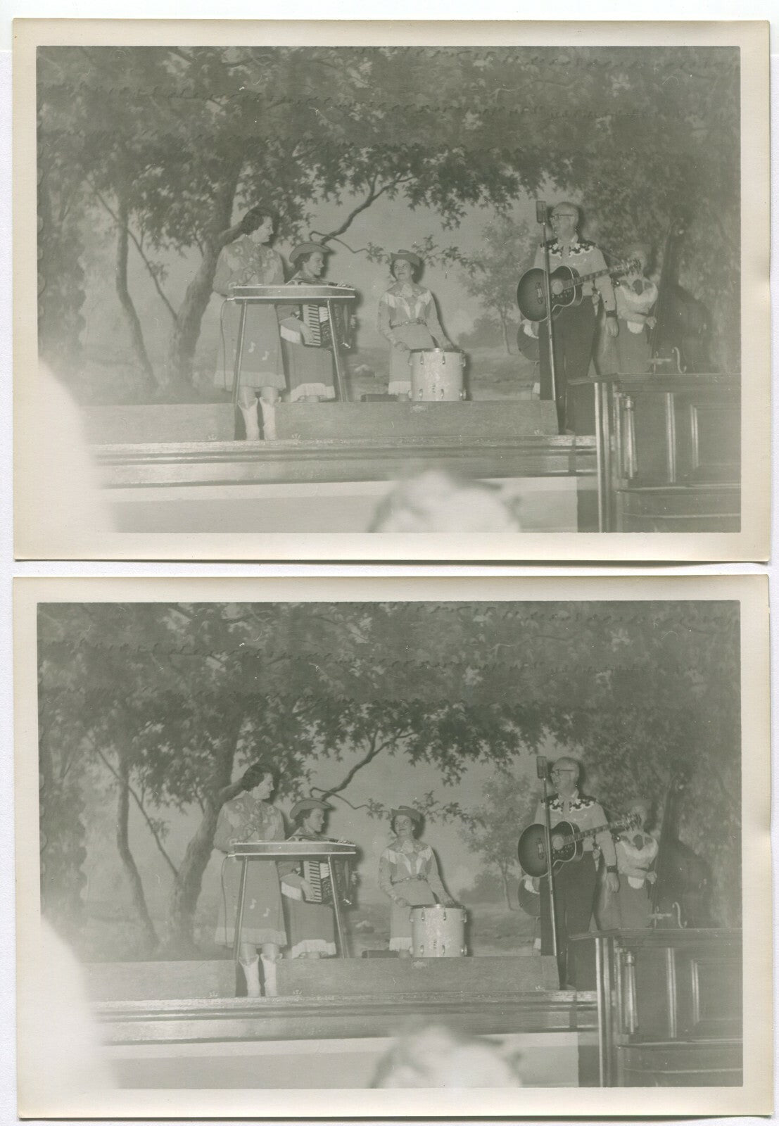 COUNTRY GIRL BAND ON STAGE. 1950s. 5X7 B&W PRINTS. 4 SET.
