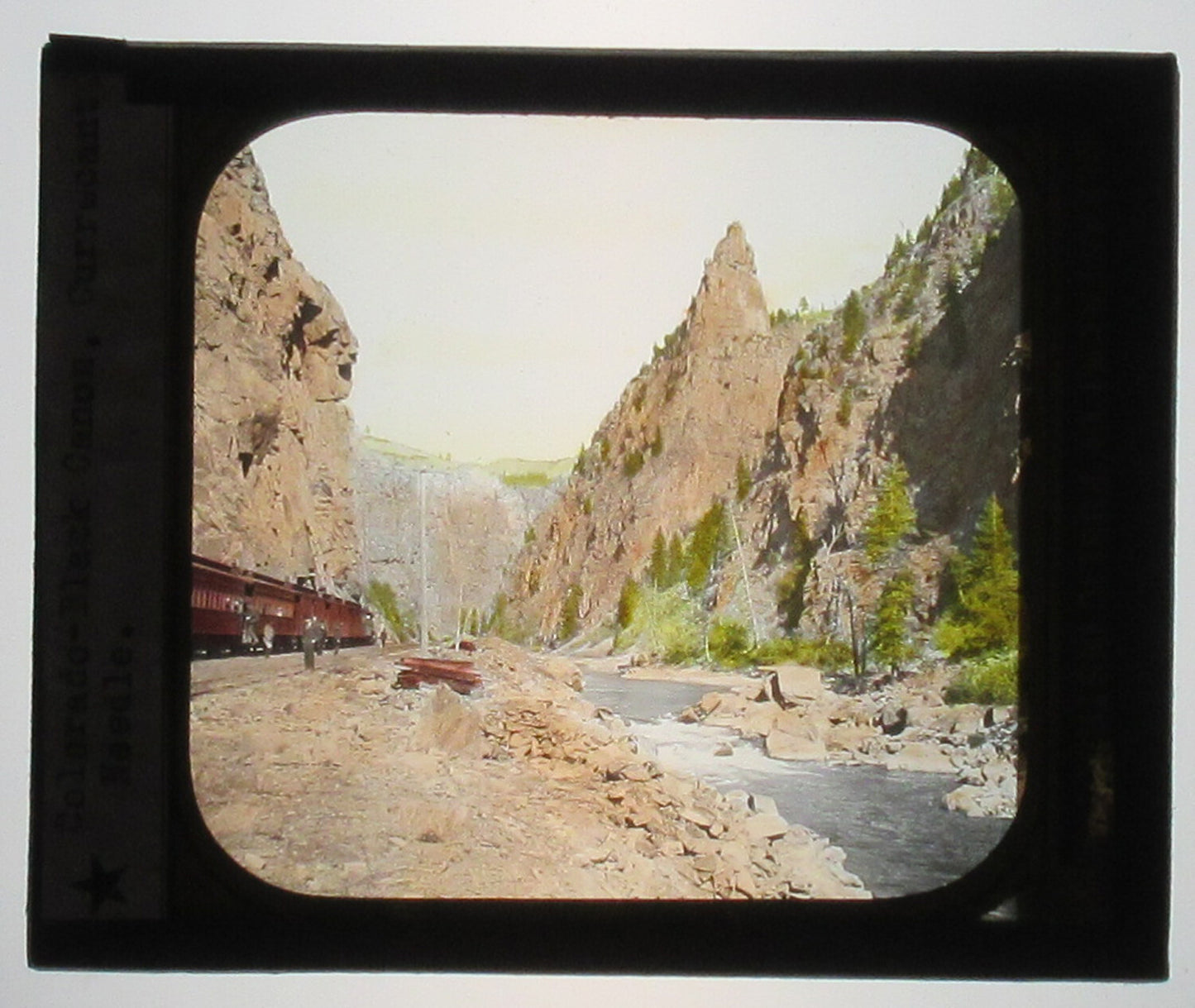 CURECANTI NEEDLE, COLORADO. HAND COLORED PHOTO ON GLASS. TINTED LANTERN SLIDE.