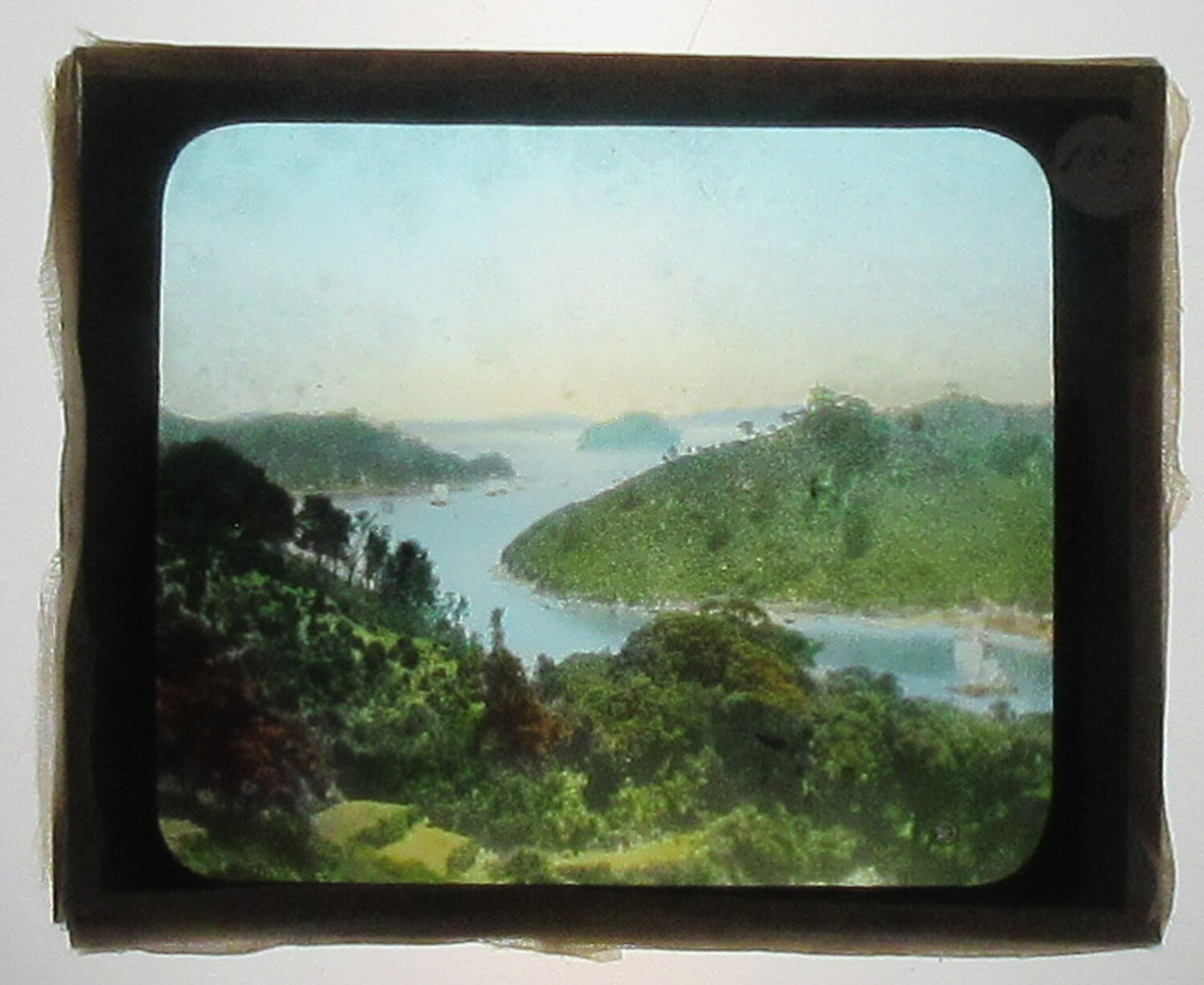 SCENIC VIEW, BEND IN THE RIVER. HAND COLORED PHOTO ON GLASS.TINTED LANTERN SLIDE