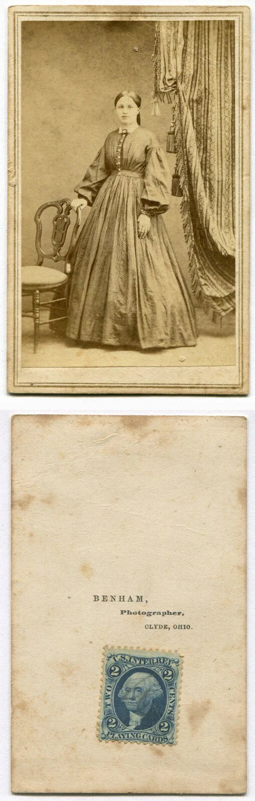 CIVIL WAR ERA TAX STAMP, CDV. WOMAN POSED NEAR LOVELY DRAPES. CLYDE, OHIO.