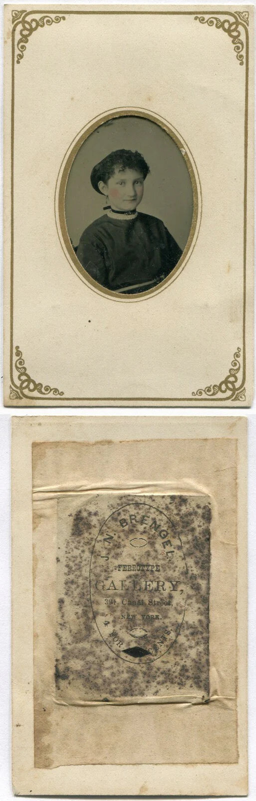 SMILING, CURLY HAIRED GIRL. TINTED TINTYPE, PERIOD PAPER MAT.