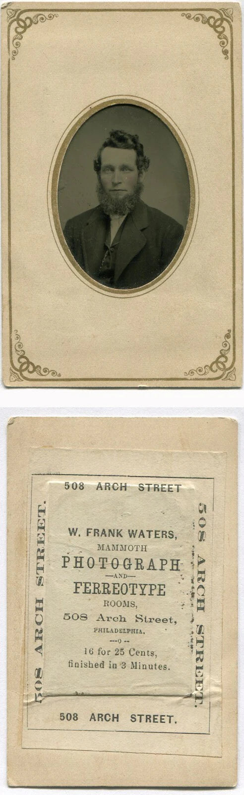 SAD EYED MAN, FUZZY BEARD. TINTED TINTYPE, PERIOD PAPER MAT. PHILADELPHIA, PA.
