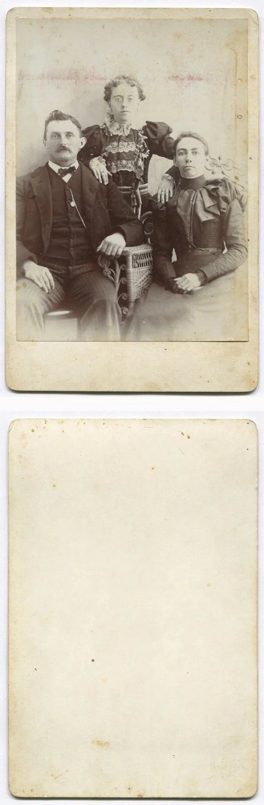 PARENTS POSED W/OVERBEARING DAUGHTER. GREAT DRESSES. CABINET CARD.