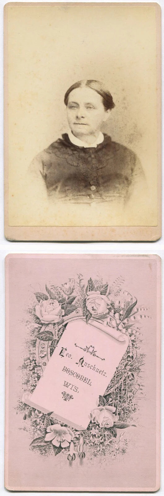 WOMAN, LACE COLLAR, SMOOTH HAIR. CABINET CARD. BOSCOBEL, WISCONSIN.