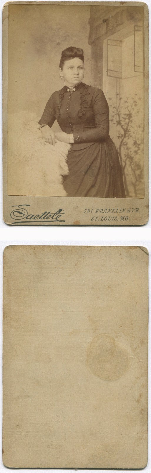 Vintage cabinet card portrait: Woman leaning on fur pelt, ST. LOUIS, MO –