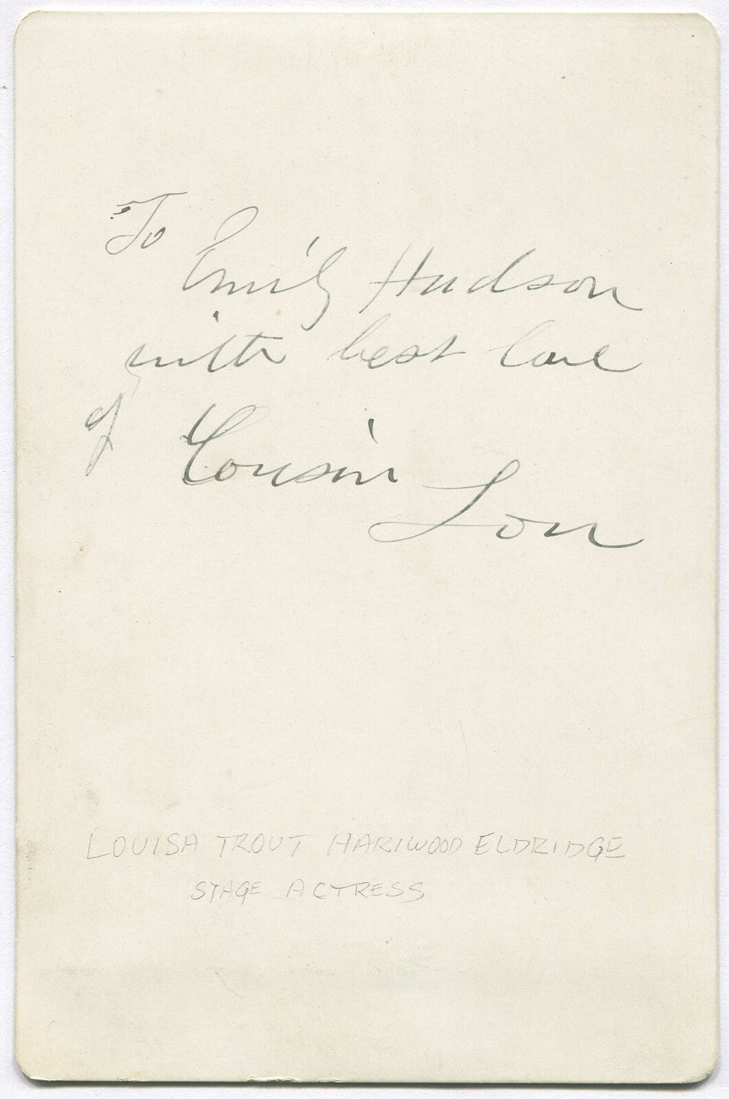 LOUISA TROUT HARWOOD ELDRIDGE, STAGE ACTRESS. CABINET CARD BY MORA, N.Y.