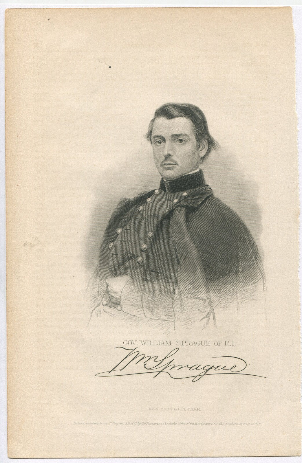 GOV.WILLIAM SPRAGUE,R.I. LITHOGRAPH 9.5X6 INCHES.