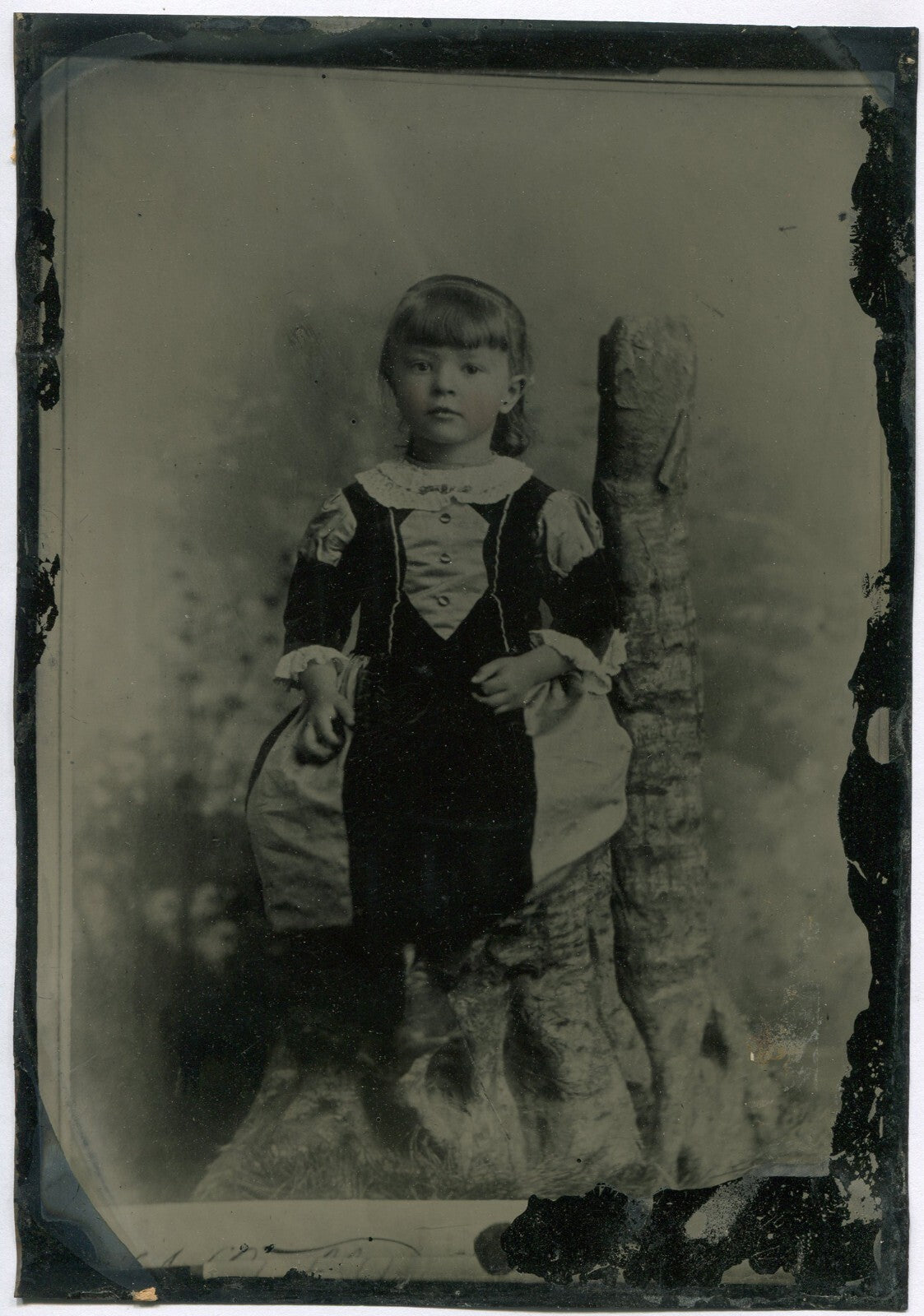 YOUNG GIRL, RUSTIC SETTING. 10X7 IN.TINTED FULL PLATE TINTYPE, PAPER MAT/10X8