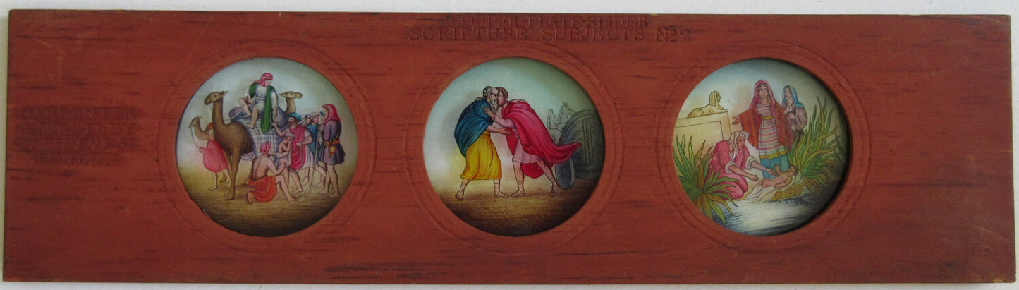 MAGIC LANTERN SLIDE.3 HAND COLOR RELIGIOUS SCENES ON GLASS IN 3.75X14 INCH