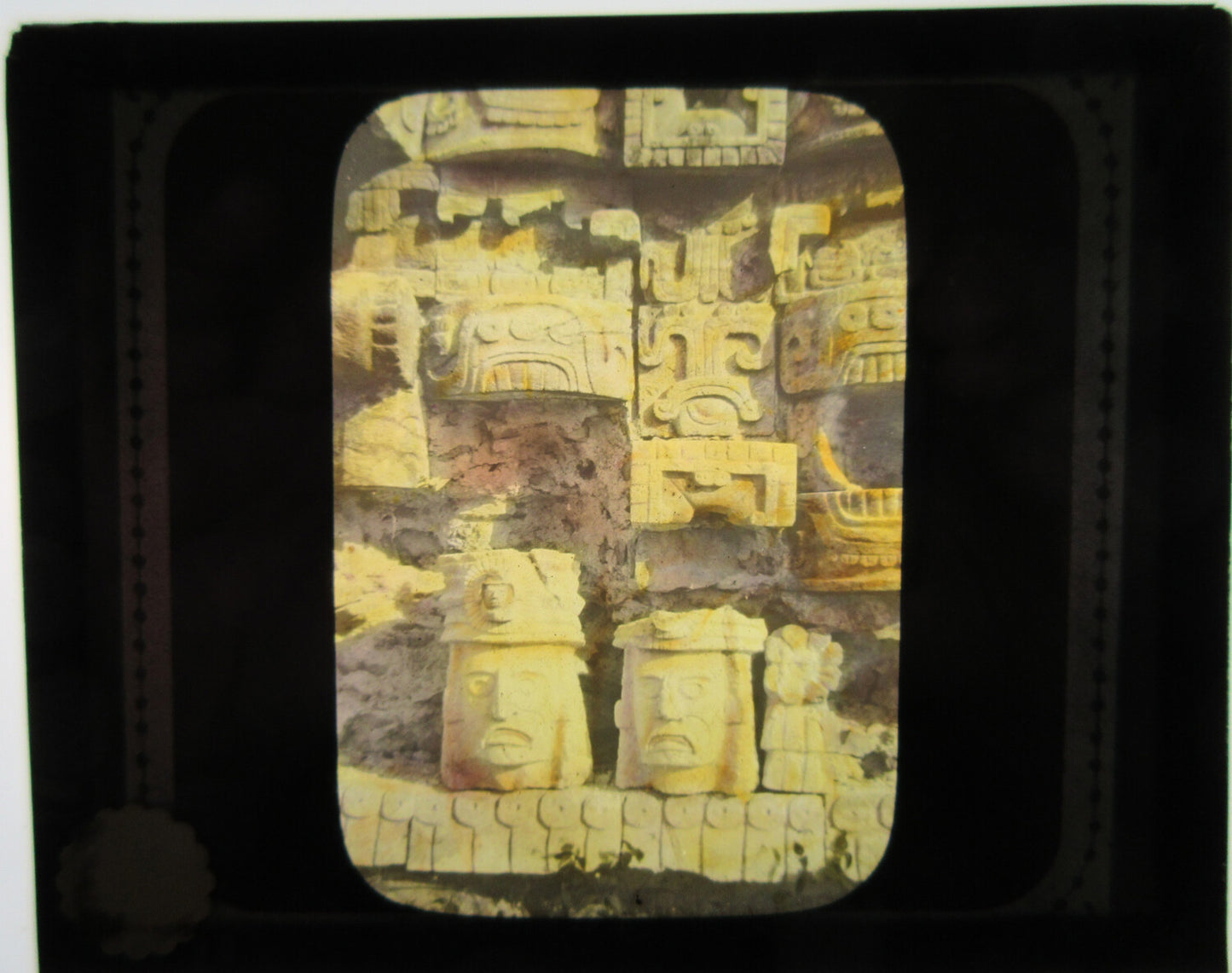 STONE CARVING, YUCATAN KABA, MEXICO. TINTED LANTERN SLIDE.