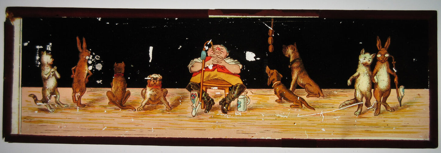 MAN W/DOGS,CATS,RABBITS SMOKING PIPES. HAND COLORED MAGIC LANTERN SLIDE.2.75X8.5