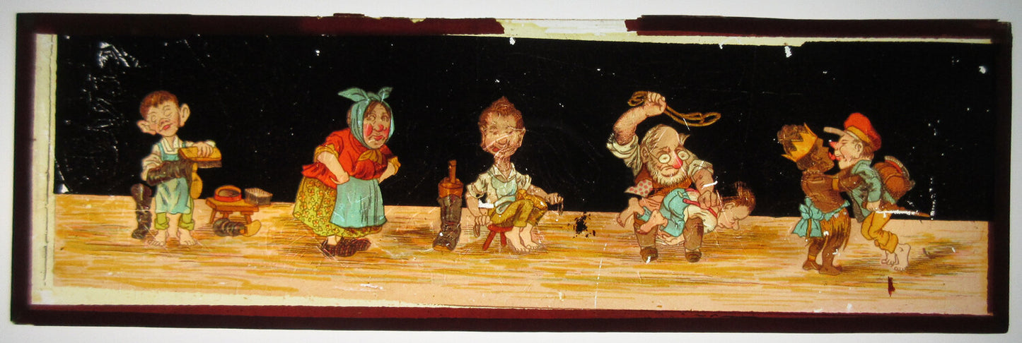 ODD CARTOONISH FIGURES DOING ODD THINGS. HAND COLOR MAGIC LANTERN SLIDE.2.75X8.5