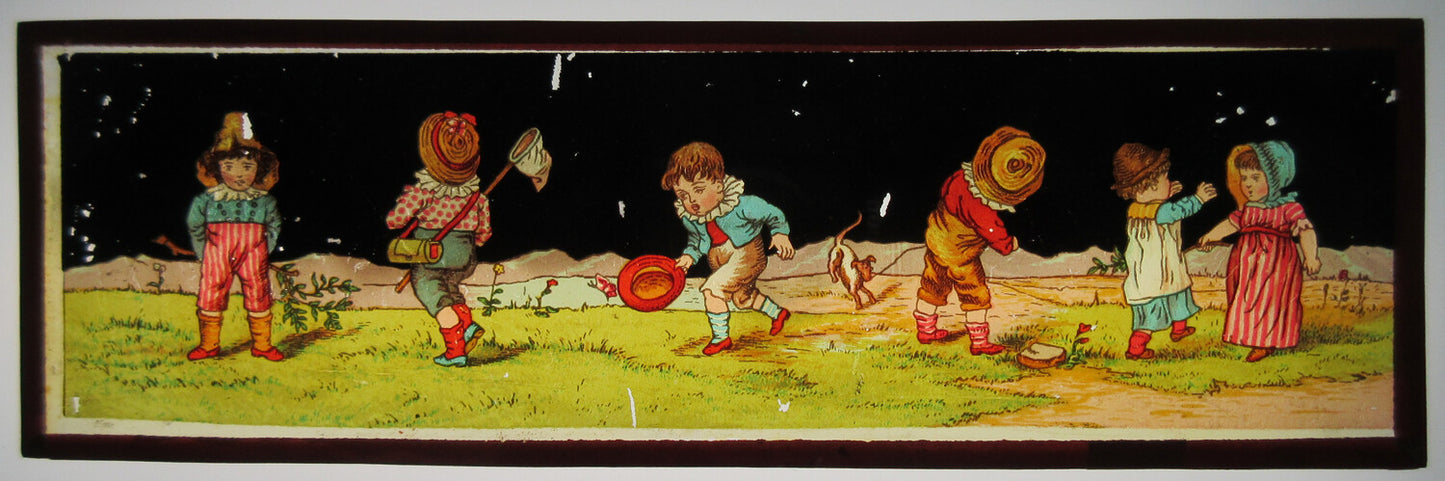DRAWINGS OF CHILDREN PLAYING. COLOR MAGIC LANTERN SLIDE. 2.75X8.5 INCH.