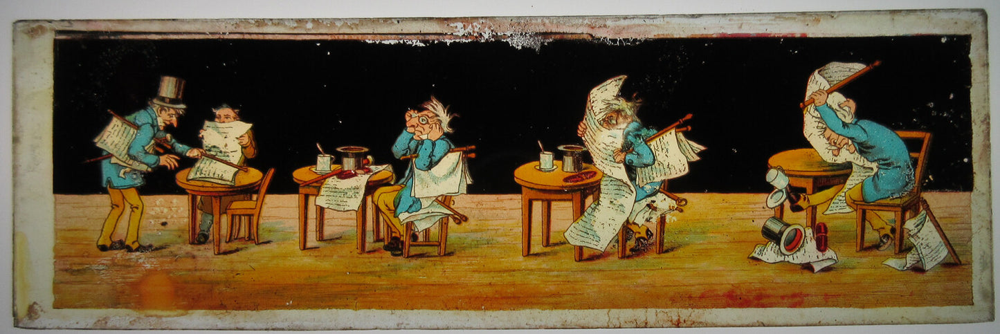 DRAWING OF MEN STRUGGLING WITH NEWSPAPER. MAGIC LANTERN SLIDE, COLOR.2.75X8.5 IN