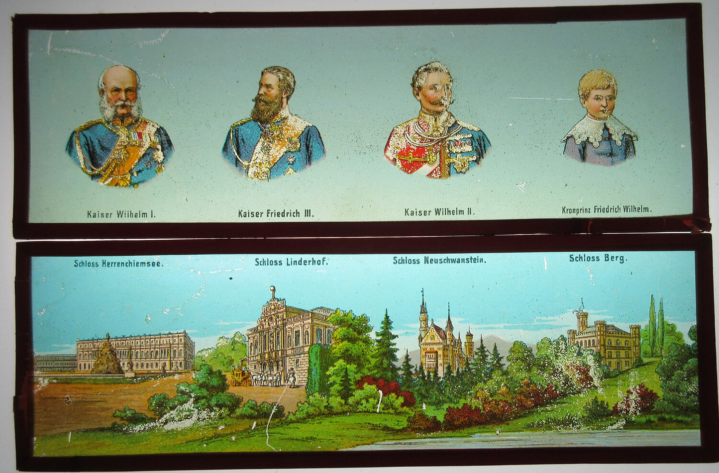 KAISER WILHELM AND DESCENDANTS/CASTLES. COLOR MAGIC LANTERN SLIDES. 2 SET.