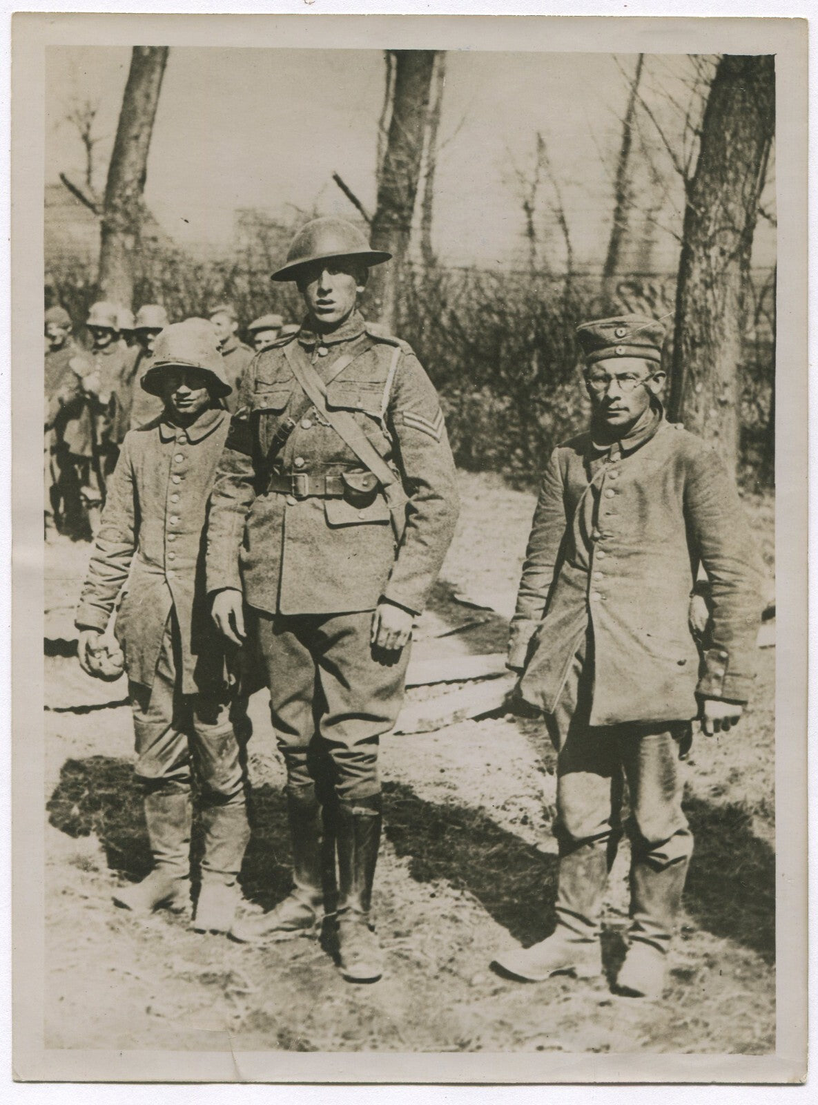 Vintage WWI photo print: British Soldier with German POWs on the Western Front