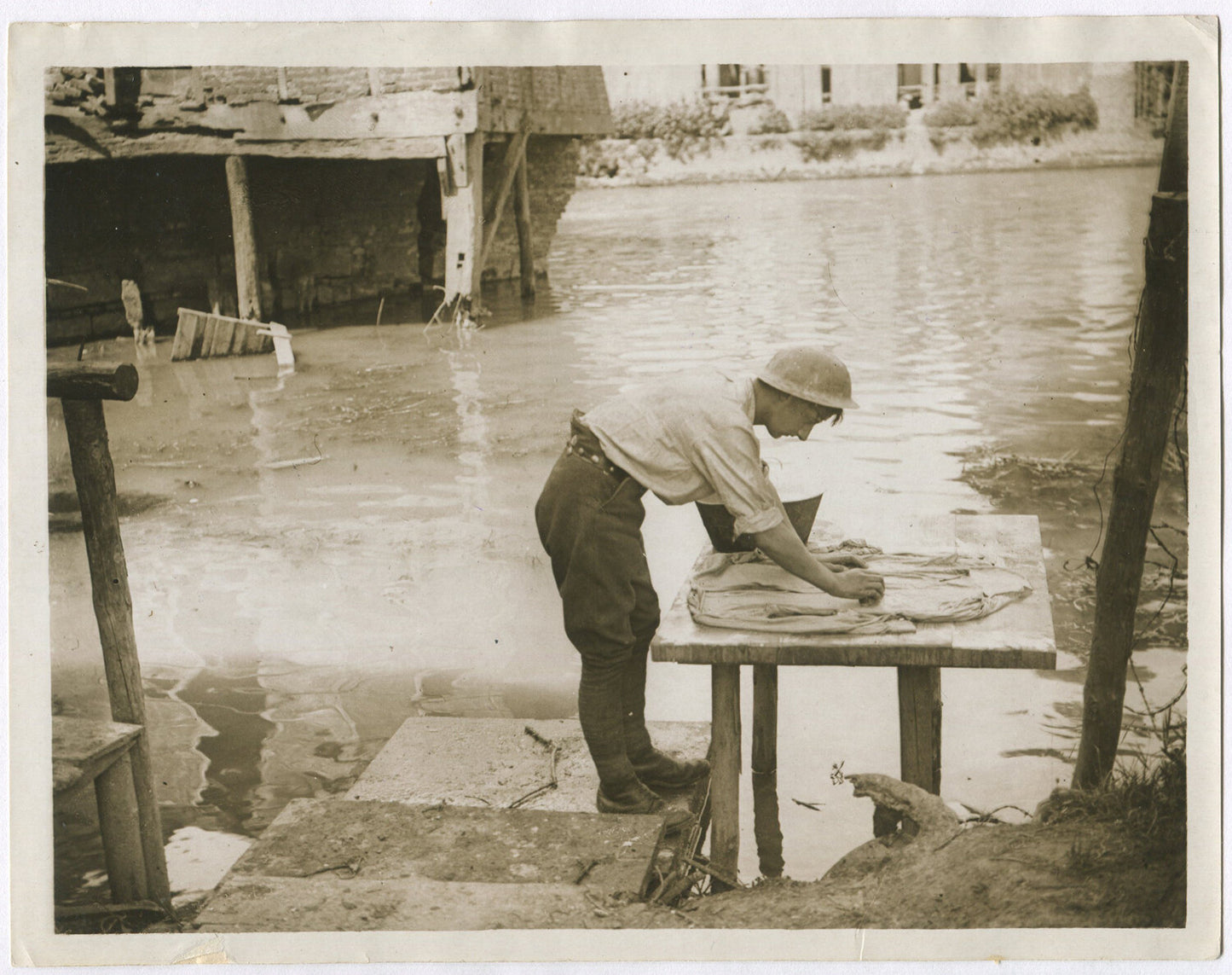 Vintage WWI Photo: British Soldier Doing Laundry by Scarpe River 8x10 Reprint