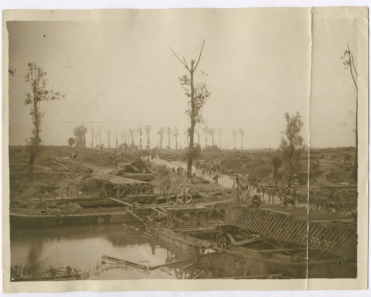 BRITISH BRIDGE THE YSER NEAR YPRES DURING ADVANCE NORTH. WWI. (8x10 REPRINT)