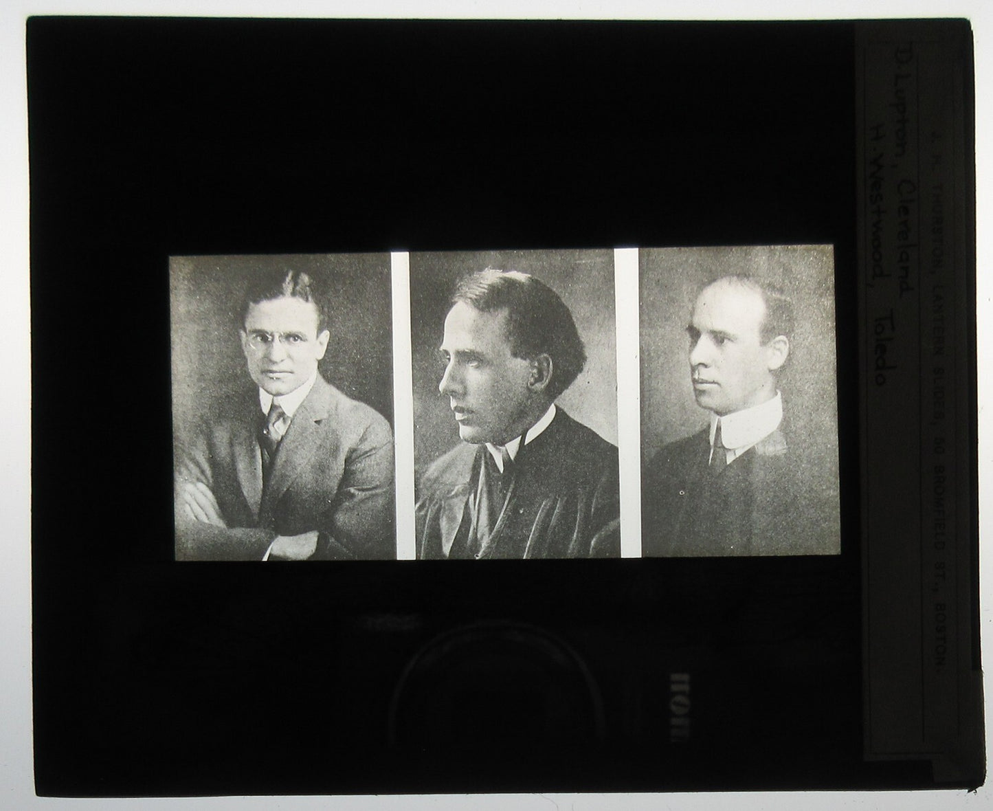 LUPTON, CLEVELAND H. WESTWOOD, TOLEDO. 3 MEN. PHOTO ON GLASS.