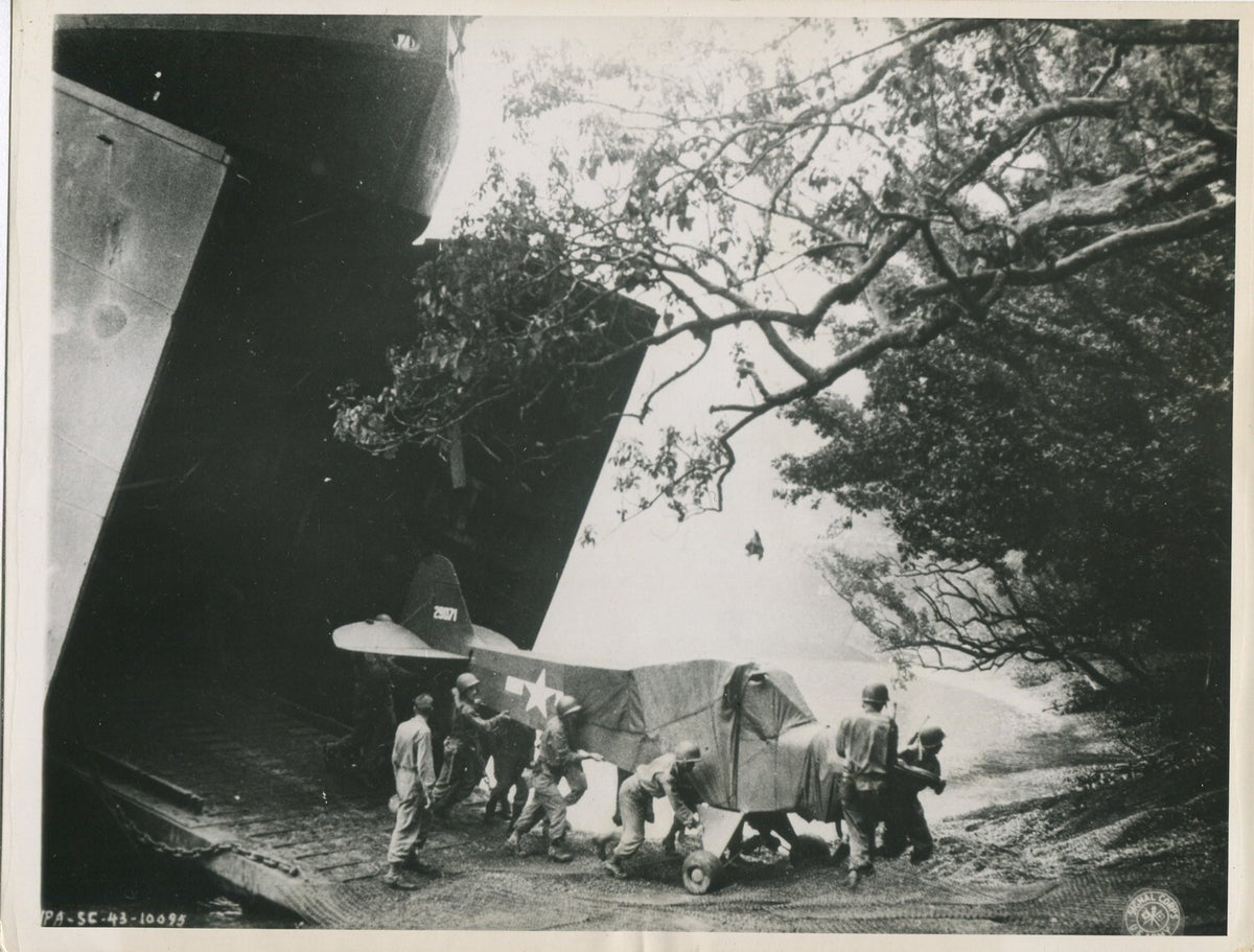 Vintage WWII Saidor New Guinea 8x10 Photo Print: Unloading Cub Plane Artillery