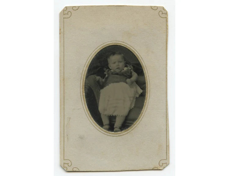 TINTYPE STUDIO PORTRAIT OF BABY IN GREAT OUTFIT