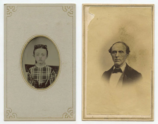 SET OF 2 STUDIO PORTRAITS - TINTYPE GIRL W/TINTED CHEEKS CDV MAN IN SUIT
