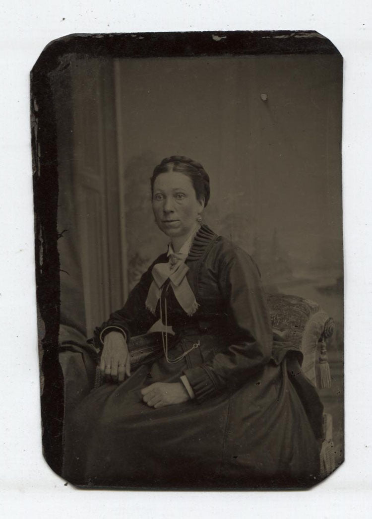 TINTYPE WOMAN BLANK STARE, BIG BOW, POCKET WATCH.