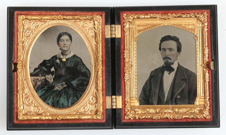 AMBROTYPE DOUBLE IMAGE,WOMAN, MAN.TINTED,AMBER GLASS. 1/9 PLATE,ANGEL UNION CASE