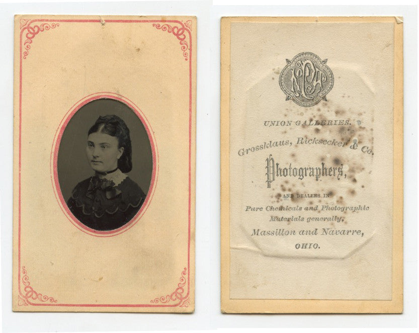 TINTYPE PORTRAIT, LADY FROM NAVARRE?, OH, GRAPHIC ON BACK, 1/16 PLATE