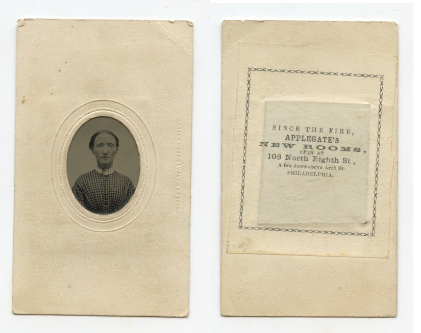 TINTYPE PORTRAIT OF LADY, APPLEGATES SINCE FIRE GRAPHIC, PHILLY, PA, 1/16 PLATE