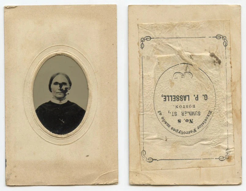 TINTYPE PORTRAIT LADY FROM BOSTON, MASS, BY LASSELLE, GRAPHIC BACK/16TH PLATE