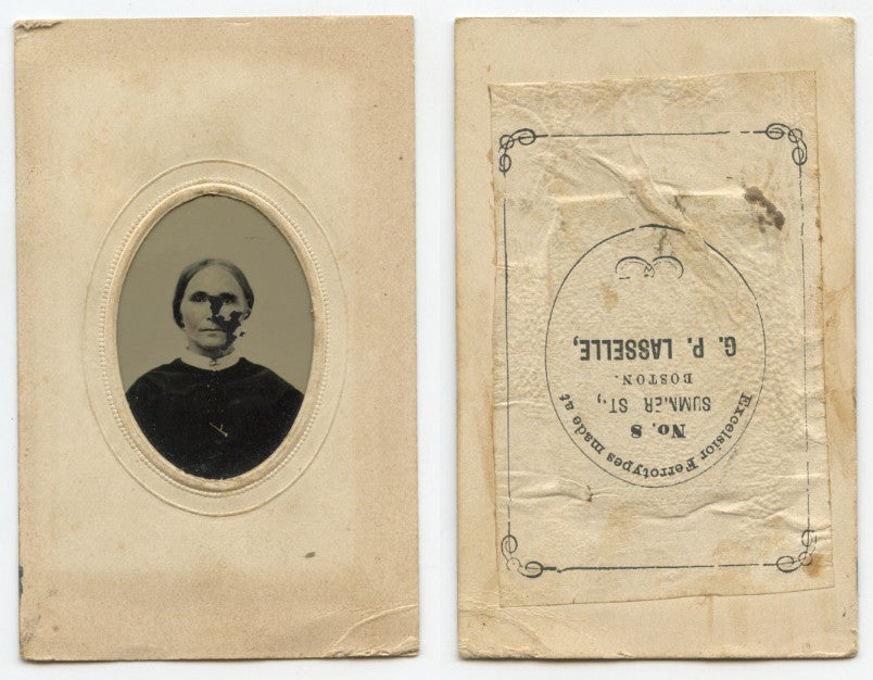 TINTYPE PORTRAIT LADY FROM BOSTON, MASS, BY LASSELLE, GRAPHIC BACK/16TH PLATE