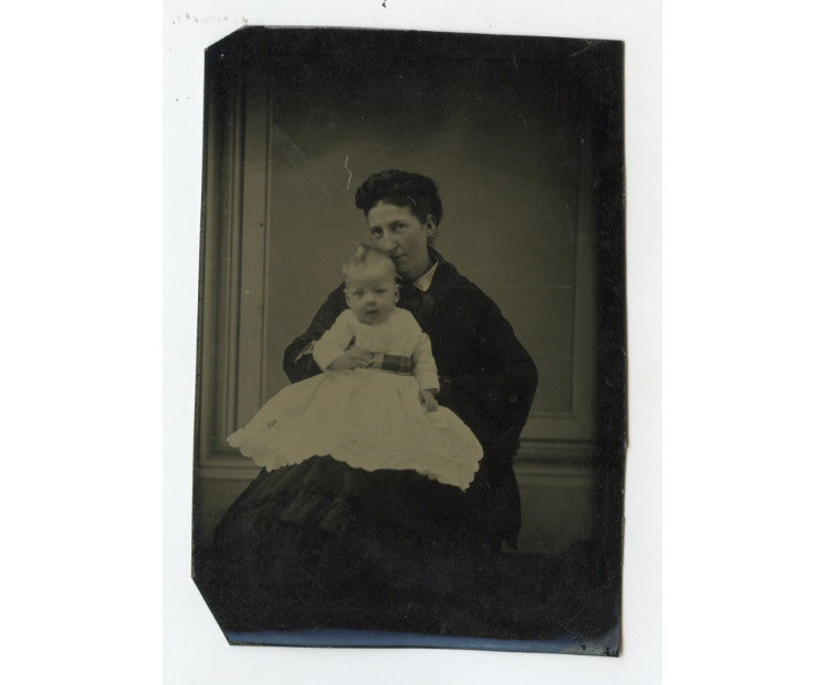 TINTYPE STUDIO PORTRAIT MOTHER + CUTE BABY BOY? W/ PLAID BELT, 1/6 PLATE