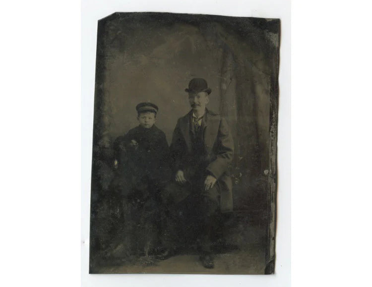 TINTYPE STUDIO PORTRAIT FATHER + SON W/ YOUNG HATS SITTING, 1/6 PLATE