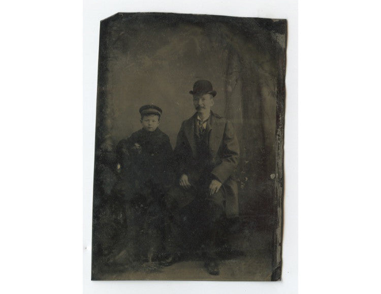 TINTYPE STUDIO PORTRAIT FATHER + SON W/ YOUNG HATS SITTING, 1/6 PLATE