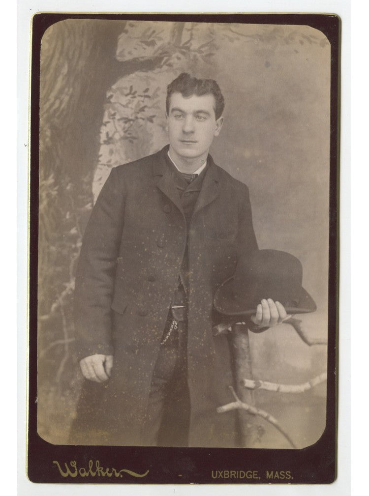 Vintage Cabinet Card Photo: Man with Hat from Uxbridge, MA, Portrait by Walker,