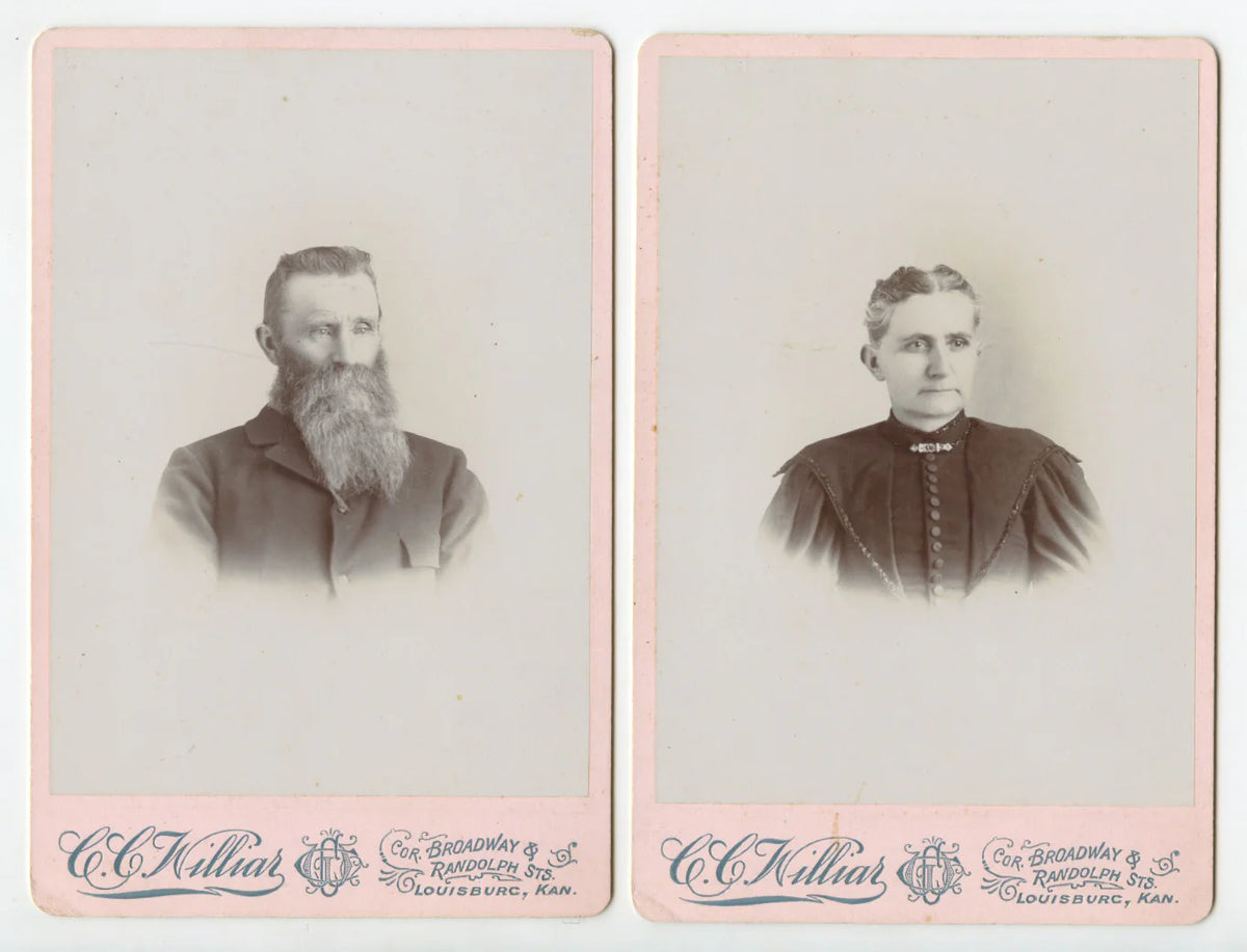 SET OF 2 CAB CARD PORTRAITS OF MAN + LADY FROM LOUISBURG, KS