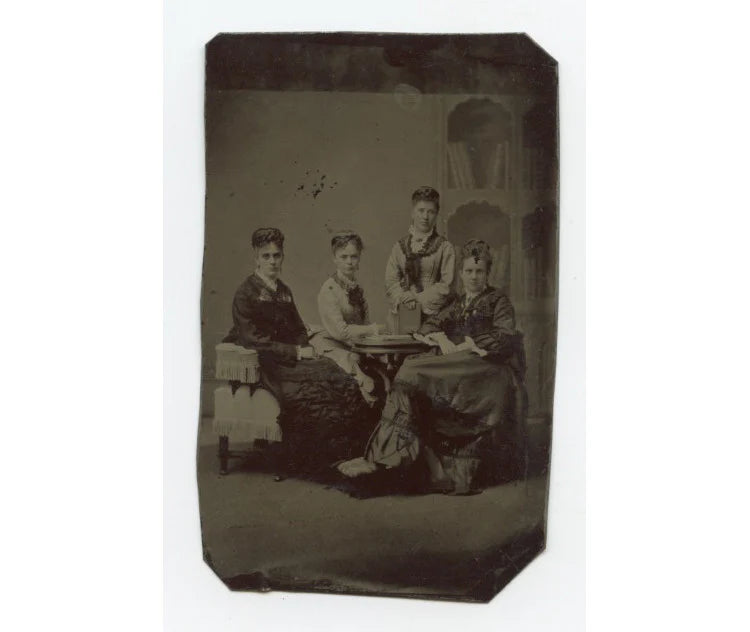 GROUP PHOTO, 4 LADIES, SIMILAR HAIR STYLE, TINTYPE STUDIO PORTRAIT, 1/6 PLATE