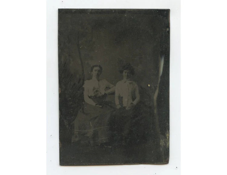 TINTYPE STUDIO PORTRAIT 2 LADIES, SISTERS W/ BOWS, 1/6 PLATE