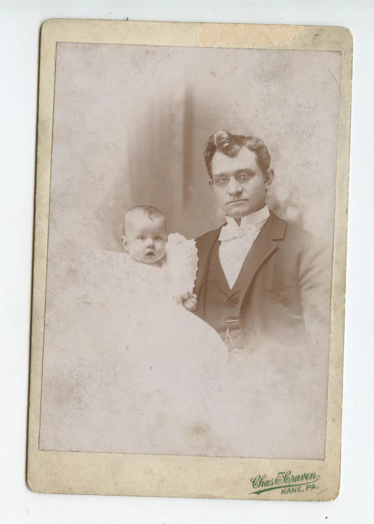 CAB CARD MAN W/ GLASSES, BABY + DISTINCT HAIR FROM KANE, PA, PORTRAIT BY CRAVEN