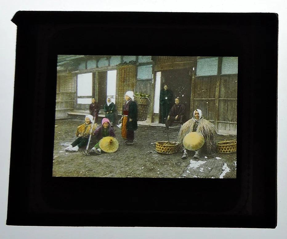 TOKYO, JAPAN, PHOTO ON GLASS, HAND COLORED, PEOPLE IN TRADITIONAL DRESS SMILING