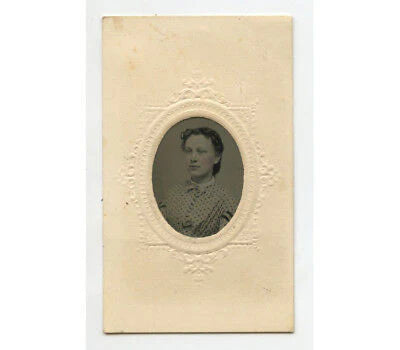 TINTYPE STUDIO PORTRAIT LADY W/ BOW + POLKA DOT DRESS, 1/16 PLATE, PERIOD MAT