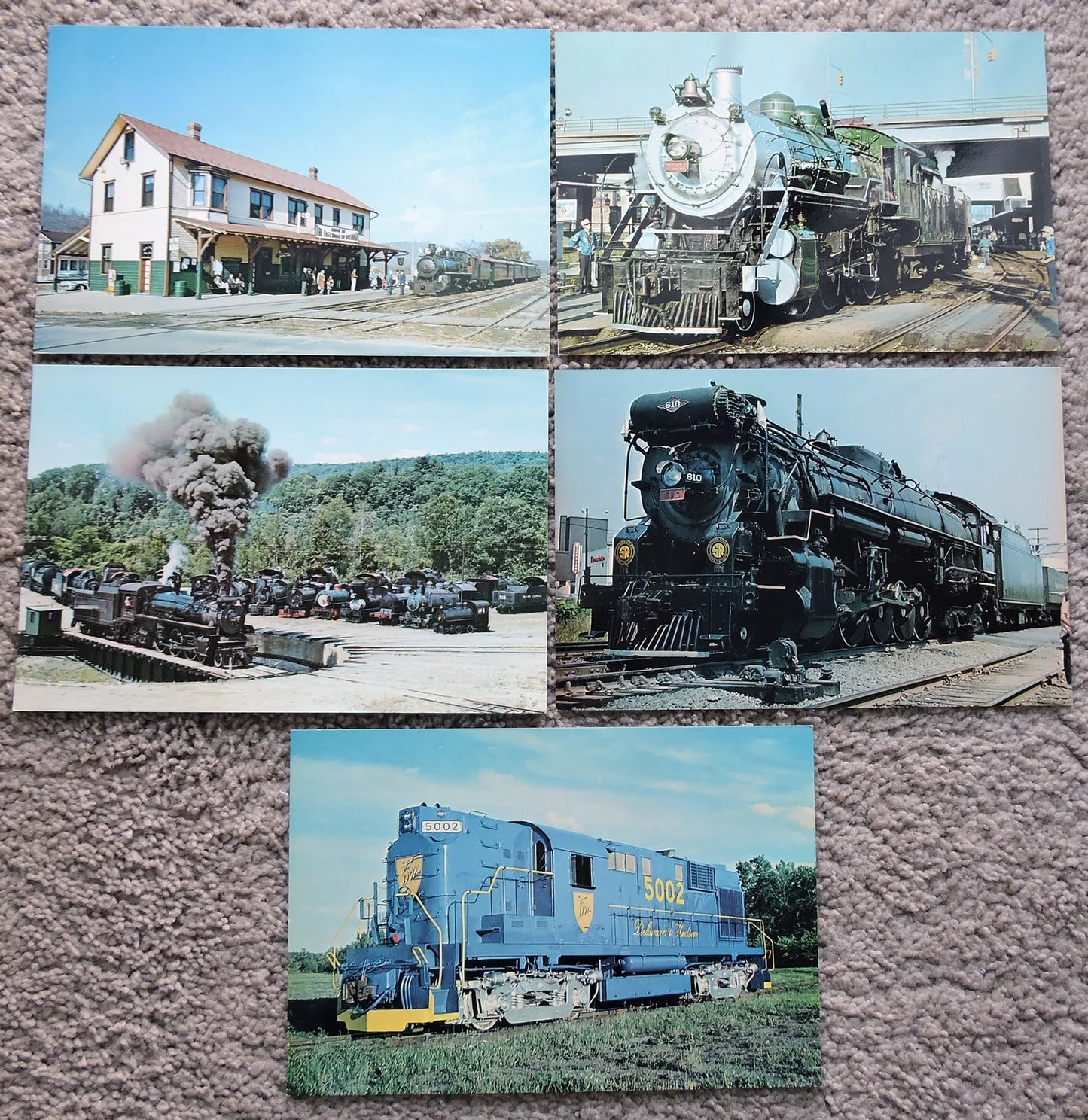 TRAIN ENGINES SET OF 5, 6X9 IN COLOR PHOTO POSTCARDS PASSENGER/STEAM/LOCOMOTIVES