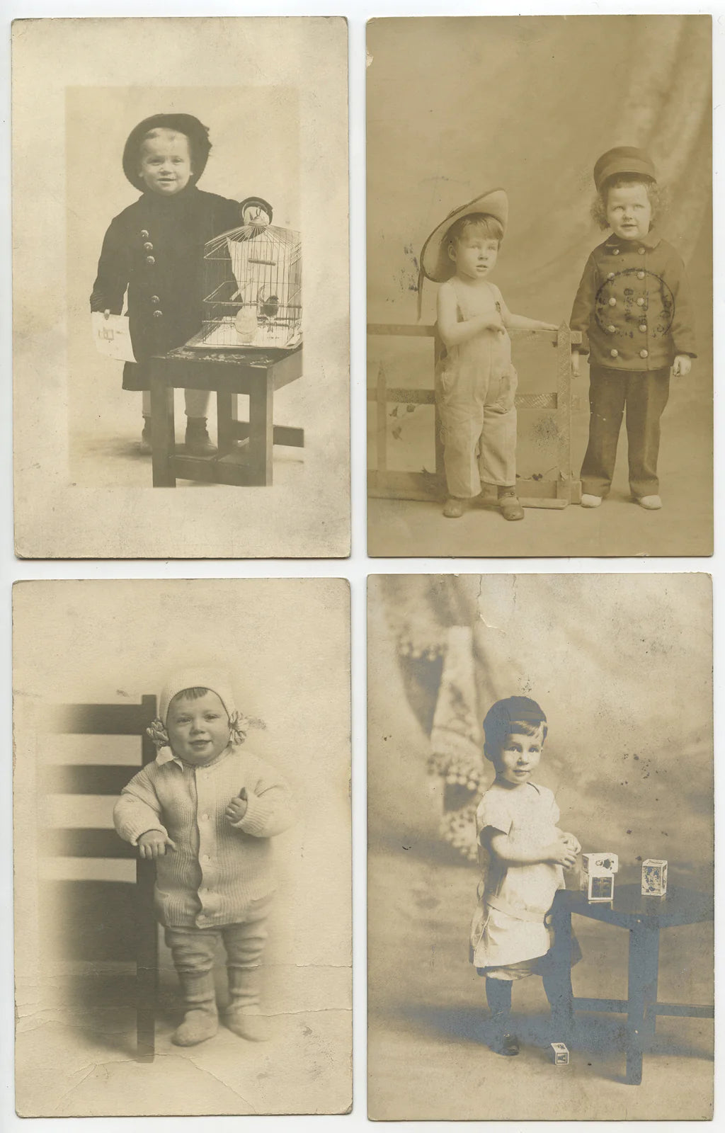 CUTE KIDS LOT OF 5 PHOTOS, VINT PULL CART/TRICYCLE, CAGED BIRD, GREAT OUTFITS
