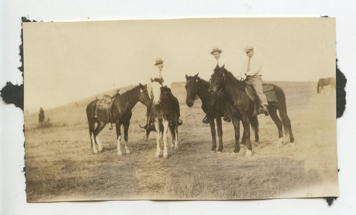 3 MEN RIDINING HORSES COUNTRYSIDE BACKGROUND VINT PHOTO