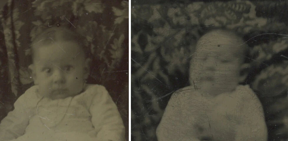 BABY, SET OF 2 TINTYPE PORTRAITS, 1/6 PLATE