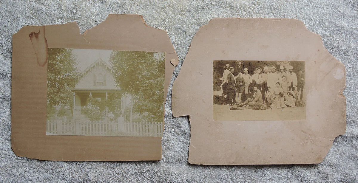 MARTENOT FAMILY PORTRAIT + HOUSE EXTERIOR, SET OF 2 VINT PHOTOS ON PERIOD BOARD